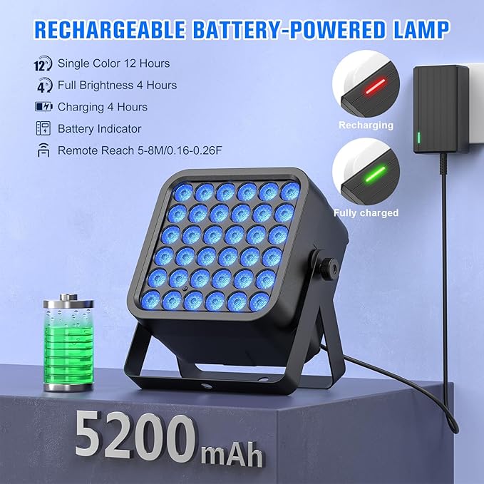 Rechargeable Par Can Lights, 72W RGB 5200mAh Uplights Battery Powered Stage Light, Wireless DJ Lights Sound Activated with Remote & DMX Control for Festivals, Weddings, Bars, Churches, DJ (4 Packs)