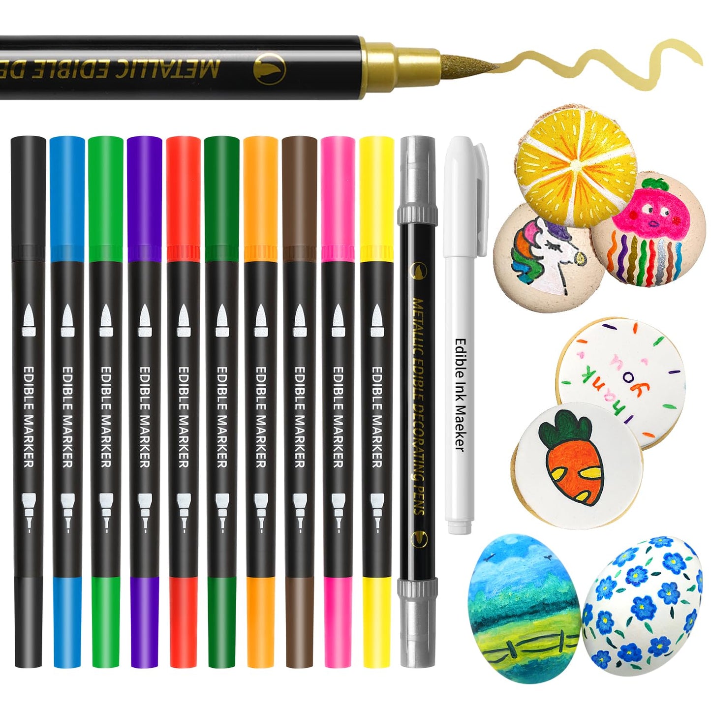Edible Markers, Colorful Metallic Gold Food Coloring Pens, 13 pcs Writer with Brush Tip for Decorating Cookies, Fondant, Gum paste, Icing, Macarons, DIY Easter Eggs, Marshmallows, Fruits.