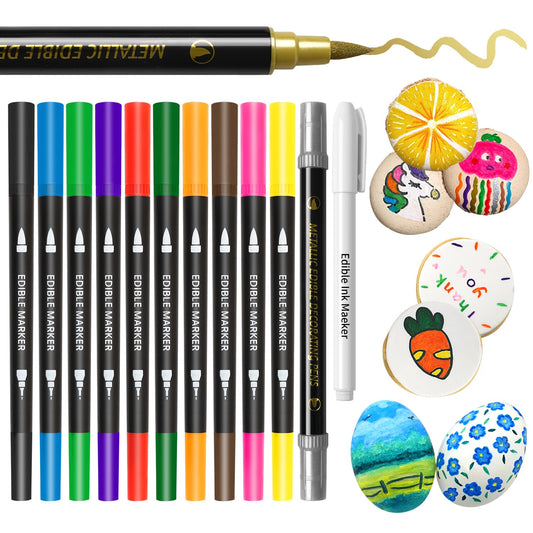 Edible Markers, Colorful Metallic Gold Food Coloring Pens, 13 pcs Writer with Brush Tip for Decorating Cookies, Fondant, Gum paste, Icing, Macarons, DIY Easter Eggs, Marshmallows, Fruits.