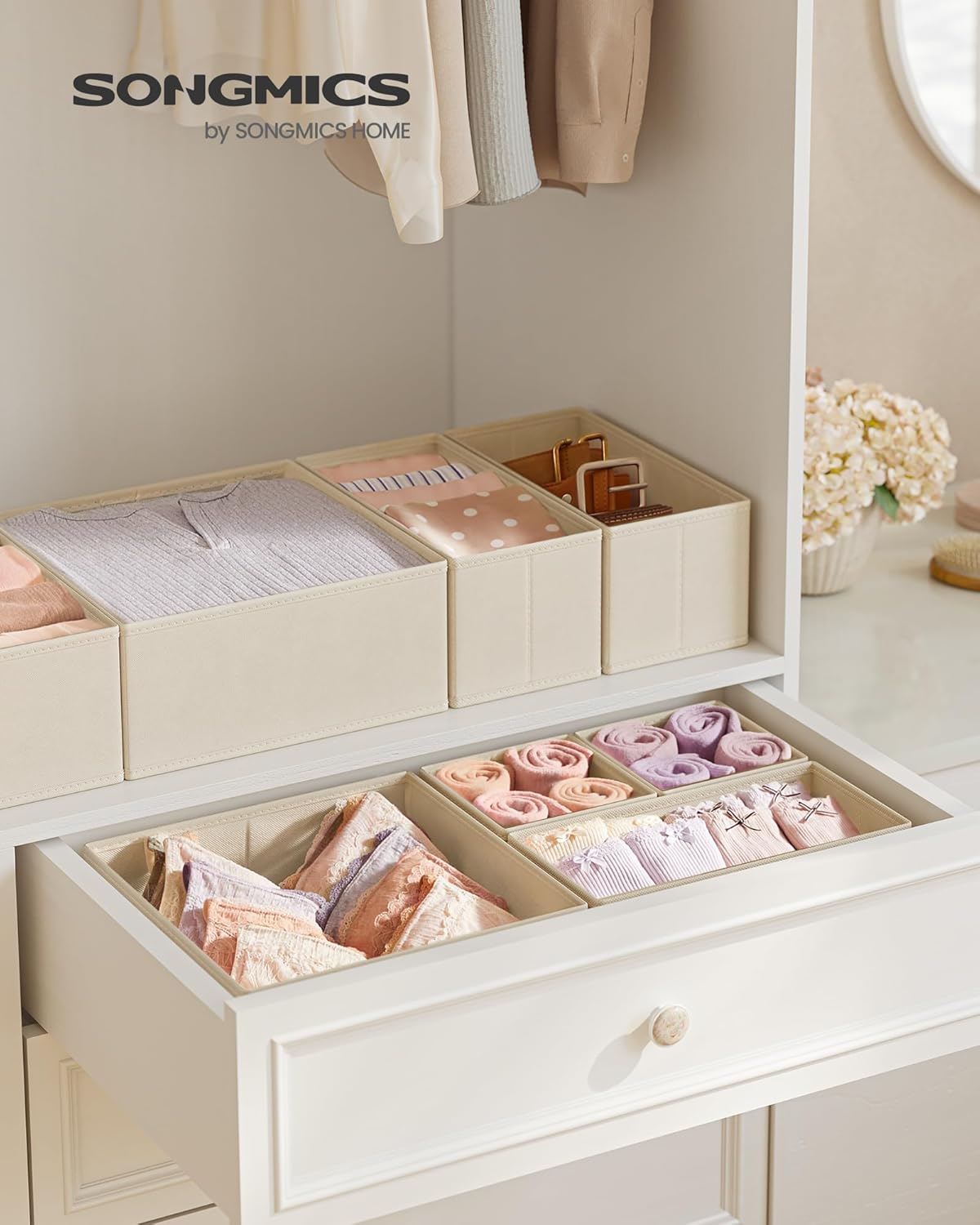 SONGMICS Drawer Organizers, Dresser Divider Organizers, Set of 12, Foldable Fabric Storage Boxes for Socks, Underwear, Bras, Ties, Scarves, Summer Sand URDZ006Y02