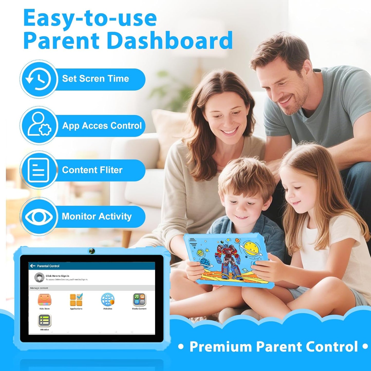 YINOCHE Kids Tablet 7" Android Tablet for Kids 3-7 32GB Tablets for Toddlers with Case WiFi Parental Control Dual Camera GMS Certified Toddler Learning Tablets for Children (Blue)