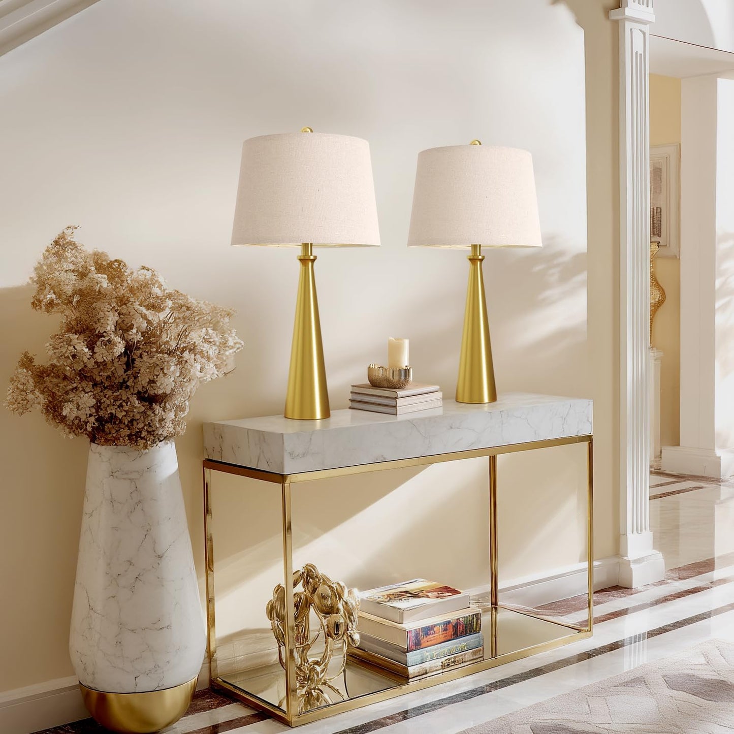 Oneach 25.75" 3-Way Dimmable Touch Control Modern USB Table Lamp Set of 2 for Living Room Bed Room Bedside Nightstand Lamps Fabric Shade Vintage Accent Light Gold Antique Brass