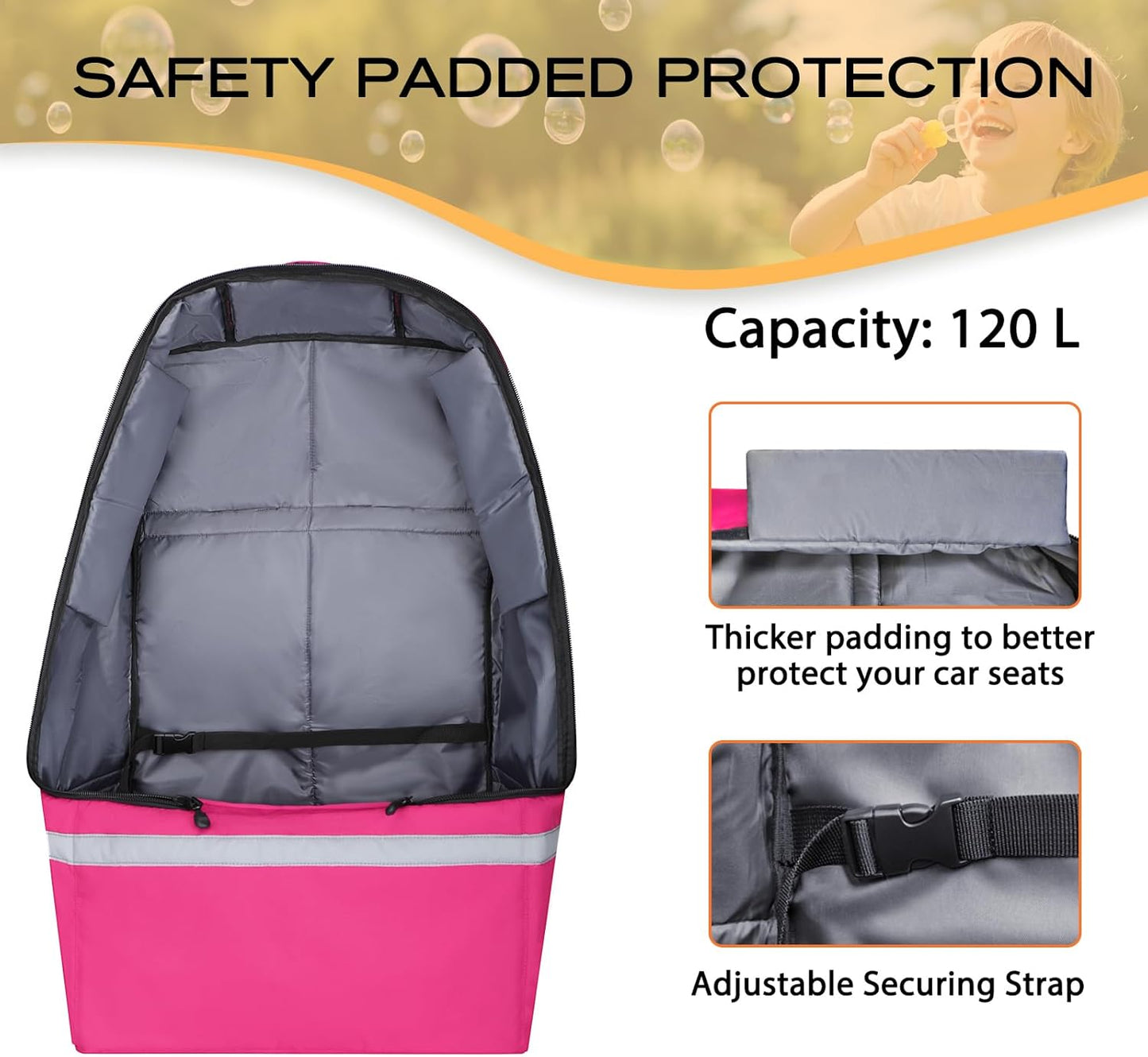 Car Seat Travel Bag for Airplane,Infant Seat Travel Bag with Shoulder Strap,Padded Car Seats Backpack with Reflective Stripes,Large Carseat Carrier Bag Travel Car Seat Cover,Pink