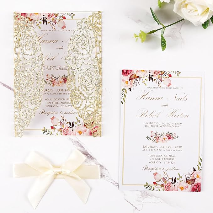 50pcs Gold Glitter Laser Cut Invitation Pockets Rose Personalized Blank Wedding Invitations with Envelopes and Rsvp Cards for Wedding Bridal Shower QuinceañEra Engagement Party Invite