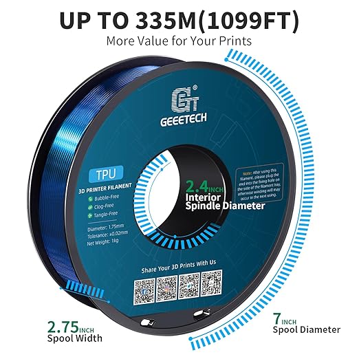 Geeetech TPU Filament 1.75mm, Shore 95A Flexible 3D Printer Filament with High Elasticity, 1KG (2.2lbs) Spool, Dimensional Accuracy ±0.03mm, Fits Most FDM Printers, Clear Blue