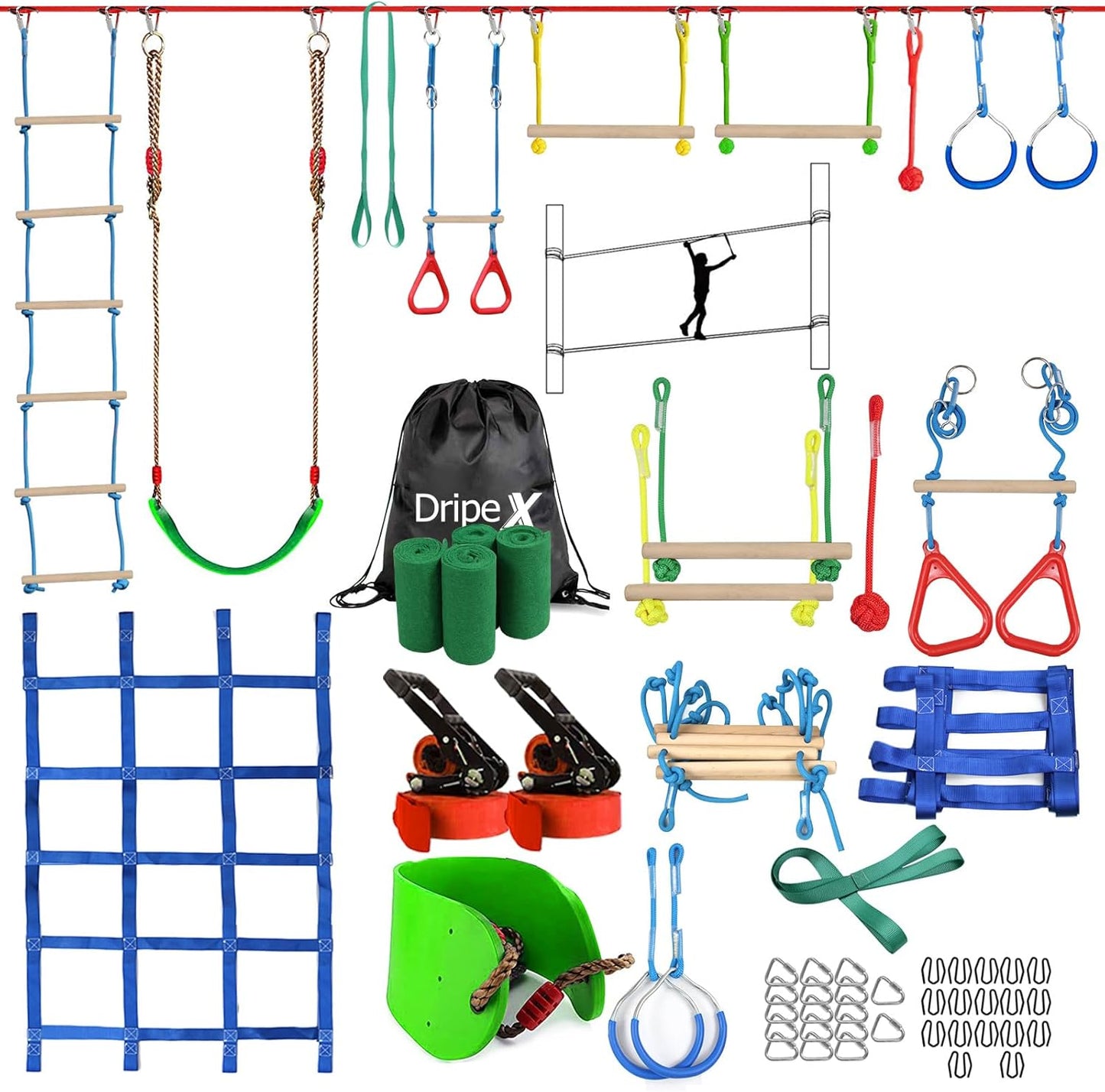 Ninja Warrior Obstacle Course for Kids Backyard - 2×50ft Slackline Kit with 10 Most Complete Accessories for Boys & Girls, Swing, Rope Ladder, Gymnastic Ring, Climbing Net, Arm Trainer and Monkey Fist
