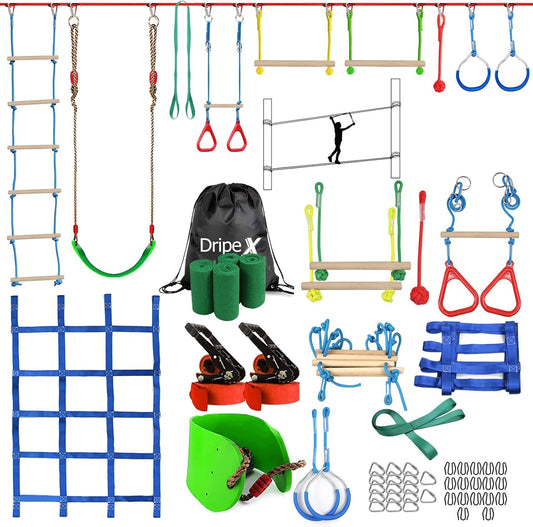 Ninja Warrior Obstacle Course for Kids Backyard - 2×50ft Slackline Kit with 10 Most Complete Accessories for Boys & Girls, Swing, Rope Ladder, Gymnastic Ring, Climbing Net, Arm Trainer and Monkey Fist