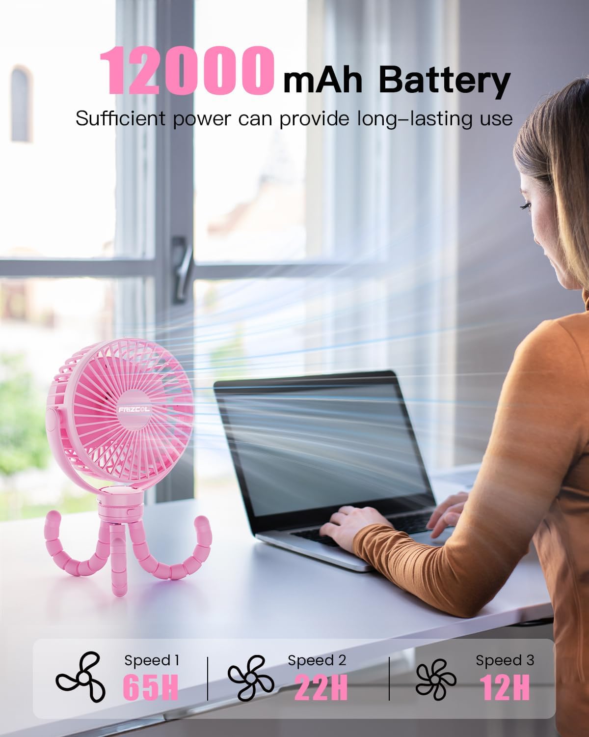 FRIZCOL 12000mAh Portable Stroller Fan, Use As Power Bank, 65H Battery Operated Fan Flexible Tripod Clip On Fans, Detachable Personal Handheld Baby Fans for Stroller, Car seat, Desk, Treadmill（Pink）