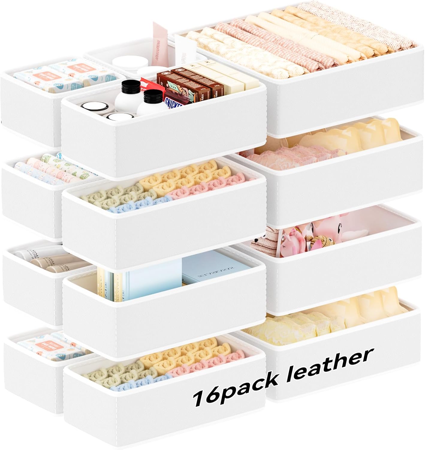 Vegan Leather Drawer Organizers,16 Pack Makeup Storage boxes,Vanity Drawer Luxury upgrade,Bedroom fabric Drawers replacement,bathroom organization and storage Optimal solution