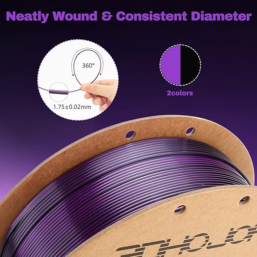 Silk PLA Filament 1.75mm Black Purple Dual Color PLA 3D Printer Filament 2 in 1 Coextrusion 1KG Spool(2.2lbs) 3D Printing Filament Dimensional Accuracy +/- 0.03mm Fits for Most FDM 3D Printers