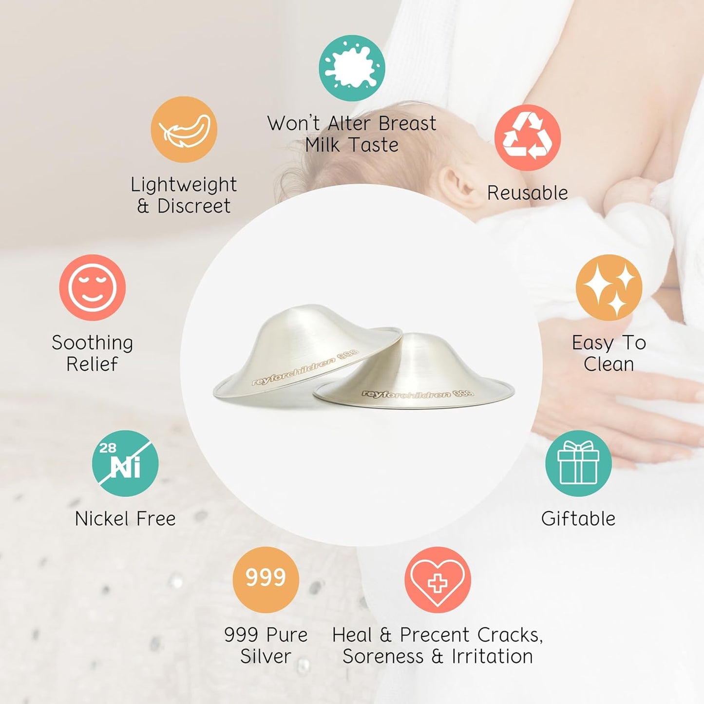 RFC Silver Nursing Cups - 999 Silver Nursing Pad - Nipple Shield Kit for Nursing Newborn - Breastfeeding Essentials - Nipple Cover Breastfeeding - with Silicone Ring & Cleaning Scotch & Case (XL)