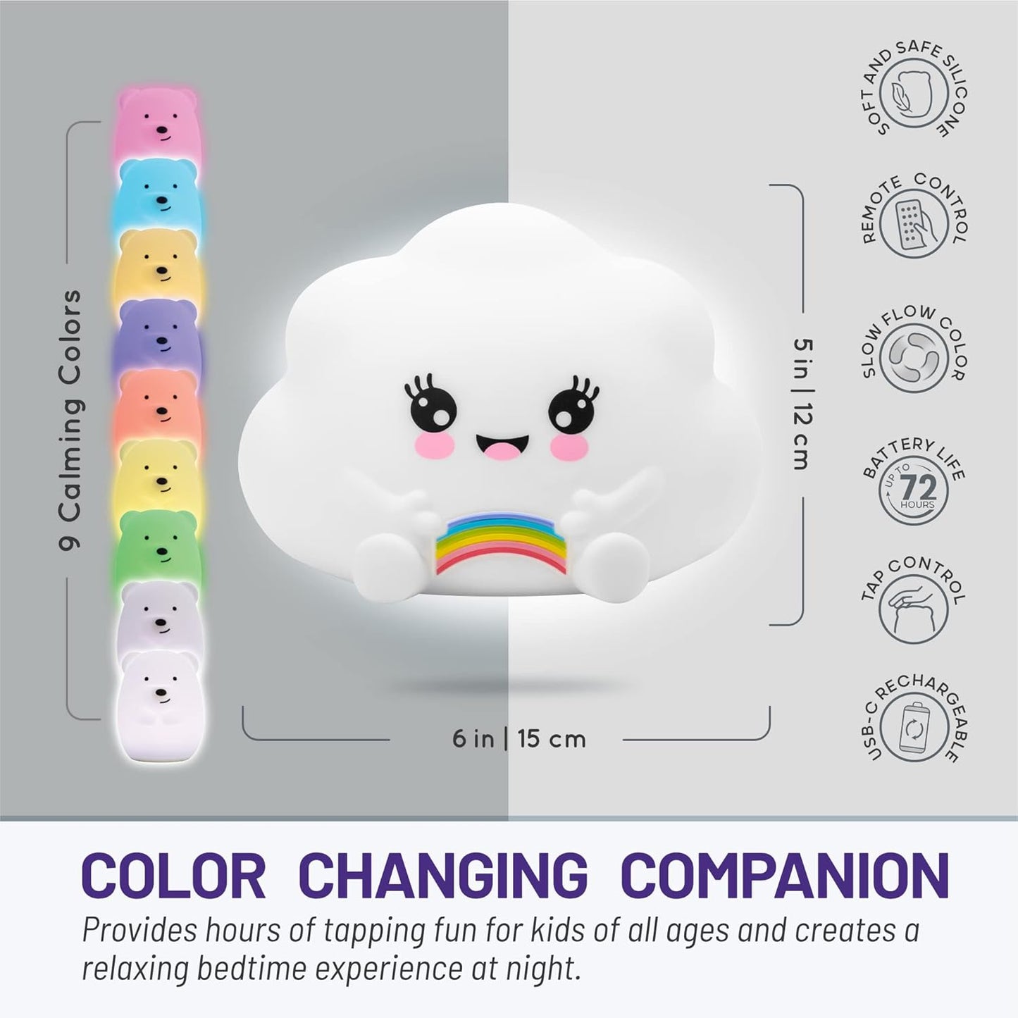 Lumipets Remote Control Silicone Night Light for Kids - Cloud Design with 9 Soft Colors & Sleep Timer - Rechargeable, Battery-Operated Lamp for Bedroom | Baby Nursery, Toddler, Girls, Boys