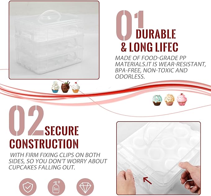 Cupcake Carrier, 3-Tiers Cupcake Containers, Holds 36 Cupcakes or 3 Large Cakes, Cupcake Holder, Cupcake Box with Lid and Handle (White, Basic)