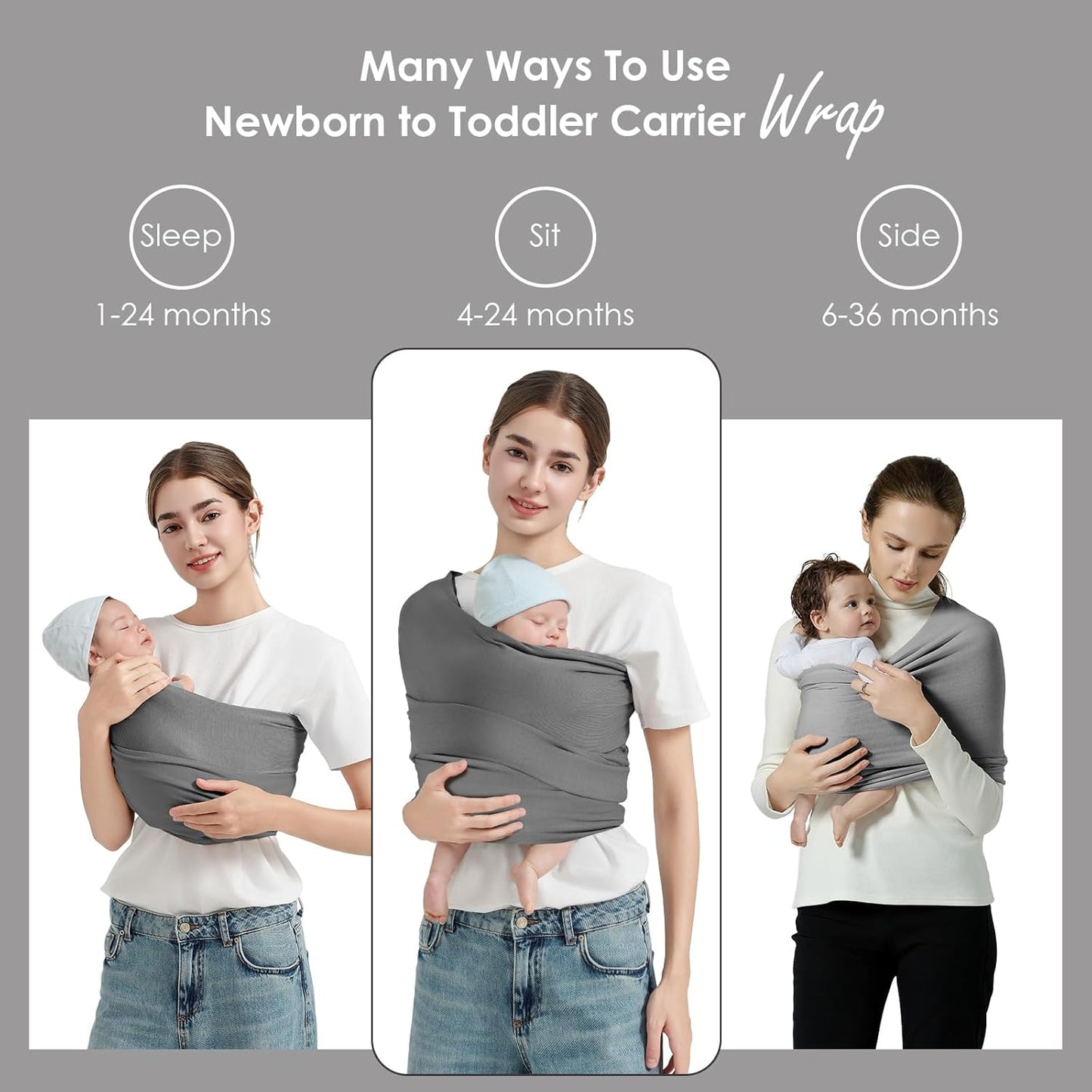 Baby Wrap Carrier, Lightweight Baby Wearing Wraps for Newborn and Infant, Soft Swaddle Holder Carrier, Cozy Baby Sling 7-35 lbs Grey