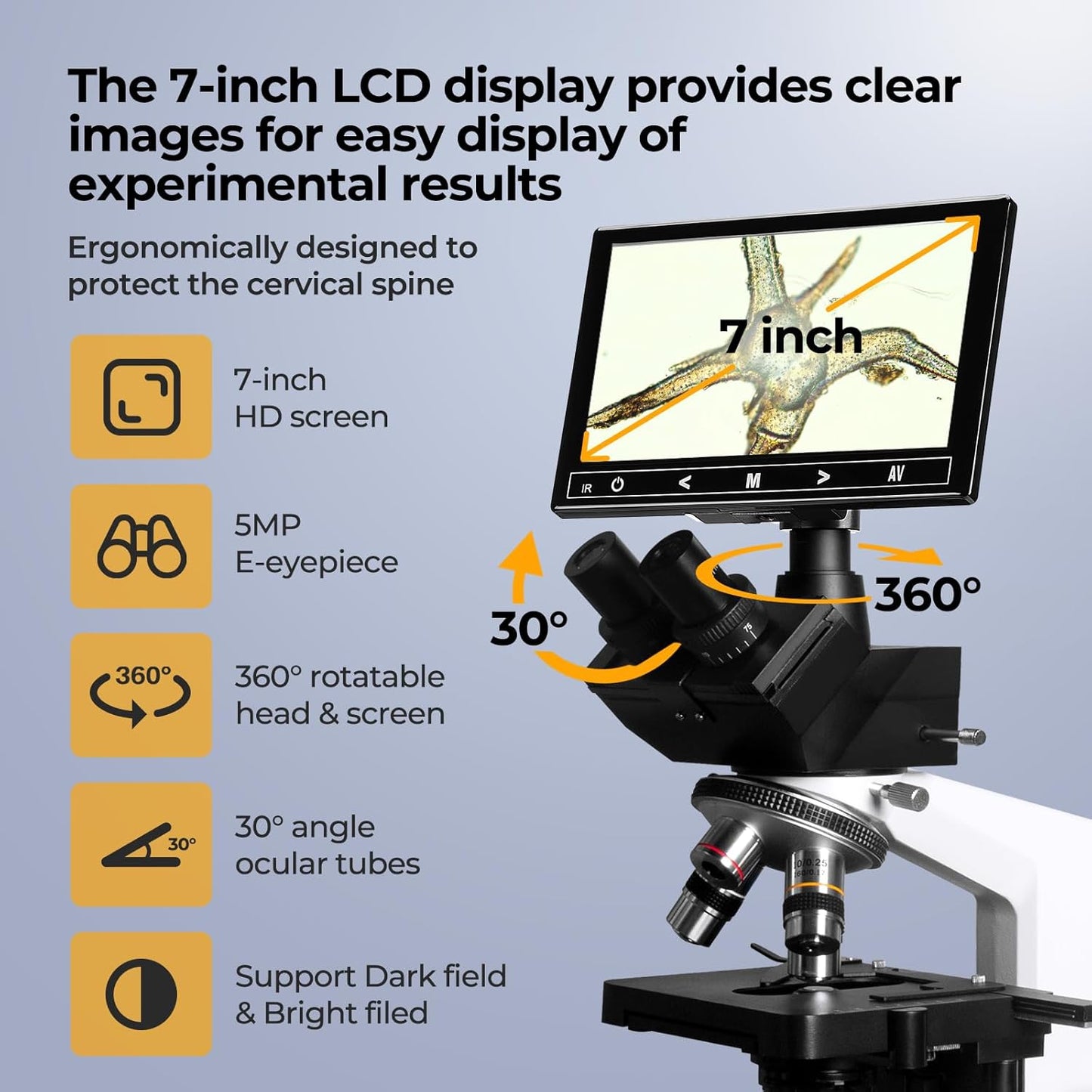 [Darkfield Microorganism Model] Vabiooth Lab Darkfield & Brightfield Trinocular Compound Microscope 40X-2500X Magnification with 7" Monitor 5MP E-Eyepiece, Adjustable Mechanical Stage, LED Source