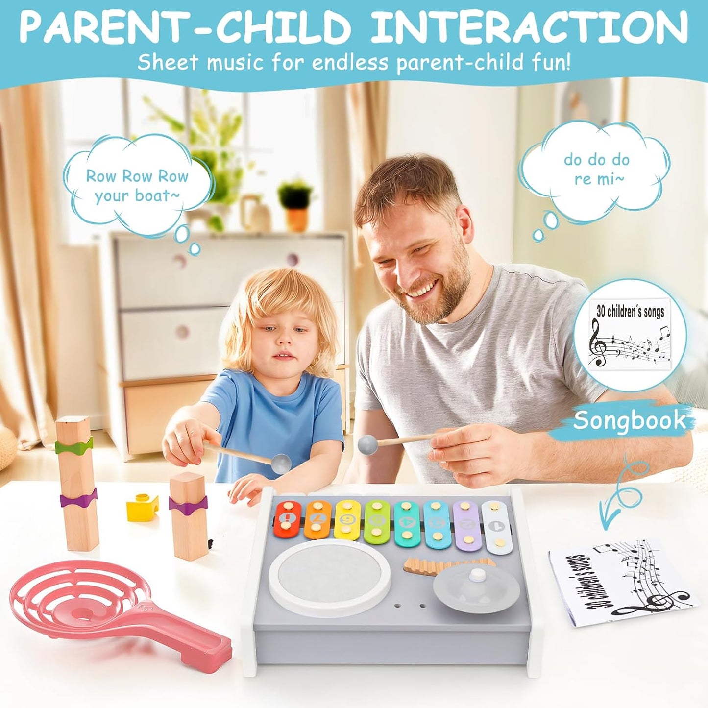 Kids Musical Instruments Piano Drum Set - 5 in 1 Montessori Toys for Toddler Baby, Wooden Music Kit with Piano Keyboard Xylophone, Preschool Educational Sensory Toys, Gifts for Boys Girls 1-8