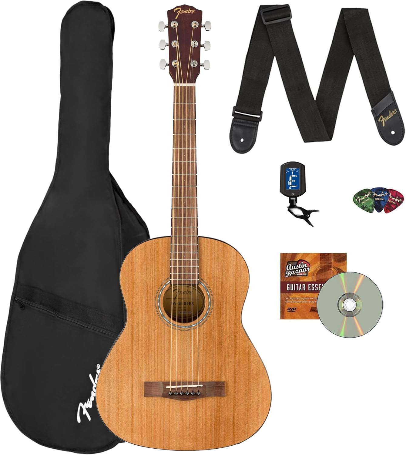 Fender FA-15 3/4-Scale Kids Steel String Acoustic Guitar - Natural Bundle with Gig Bag, Tuner, Strap, Picks, Fender Play Online Lessons, and Austin Bazaar Instructional DVD
