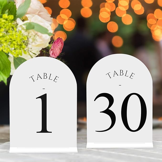 JOYIT Arch Wedding Table Numbers 1-30 with Stands – Double-Sided Printed 5" X 7" Acrylic Table Signs with White Background Black Text, Perfect Acrylic Table Numbers for Wedding Receptions, Parties, Anniversaries, and Events
