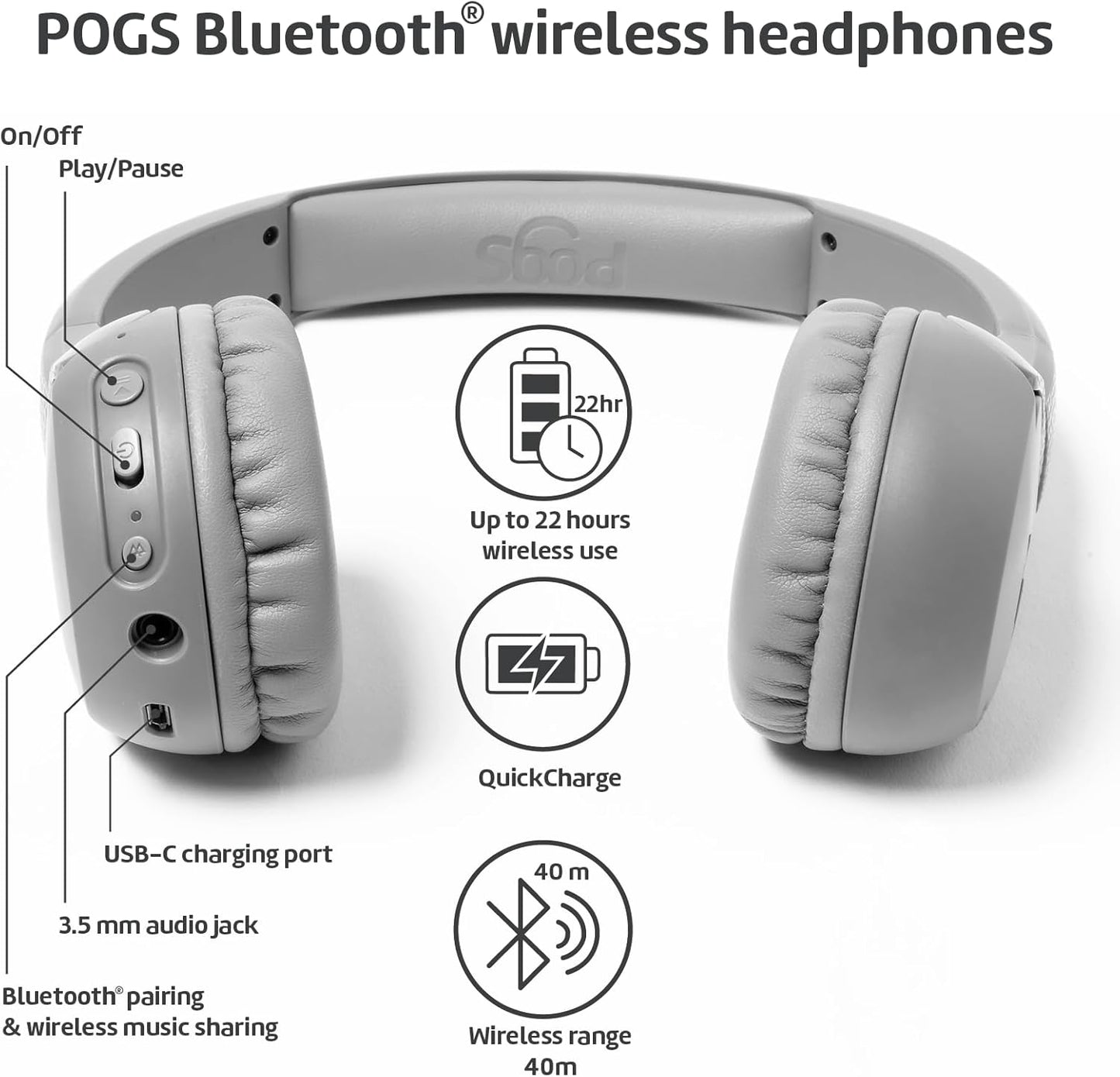 POGS Kids Bluetooth Wireless Headphones | The Gecko 2 | Foldable, Durable Headphones for Kids 3+ | Volume Limited 85 dB, Microphone | On-Ear | Wireless Music-Sharing Function (rGrey)