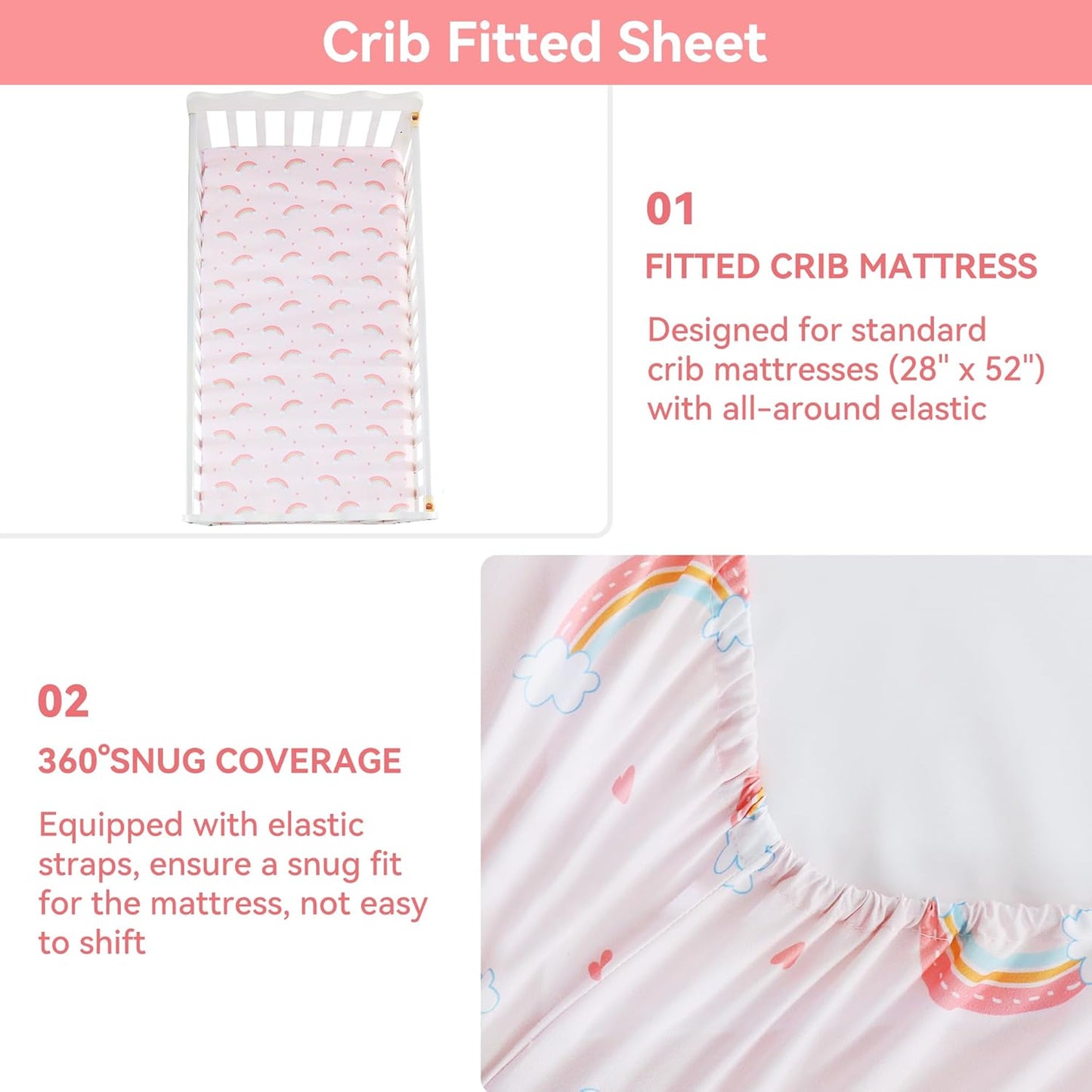 Viviland 3 Pieces Baby Bedding Set for Boy Girls, Baby Bedding Set for Newborn, Infant & Toddler - Rainbow