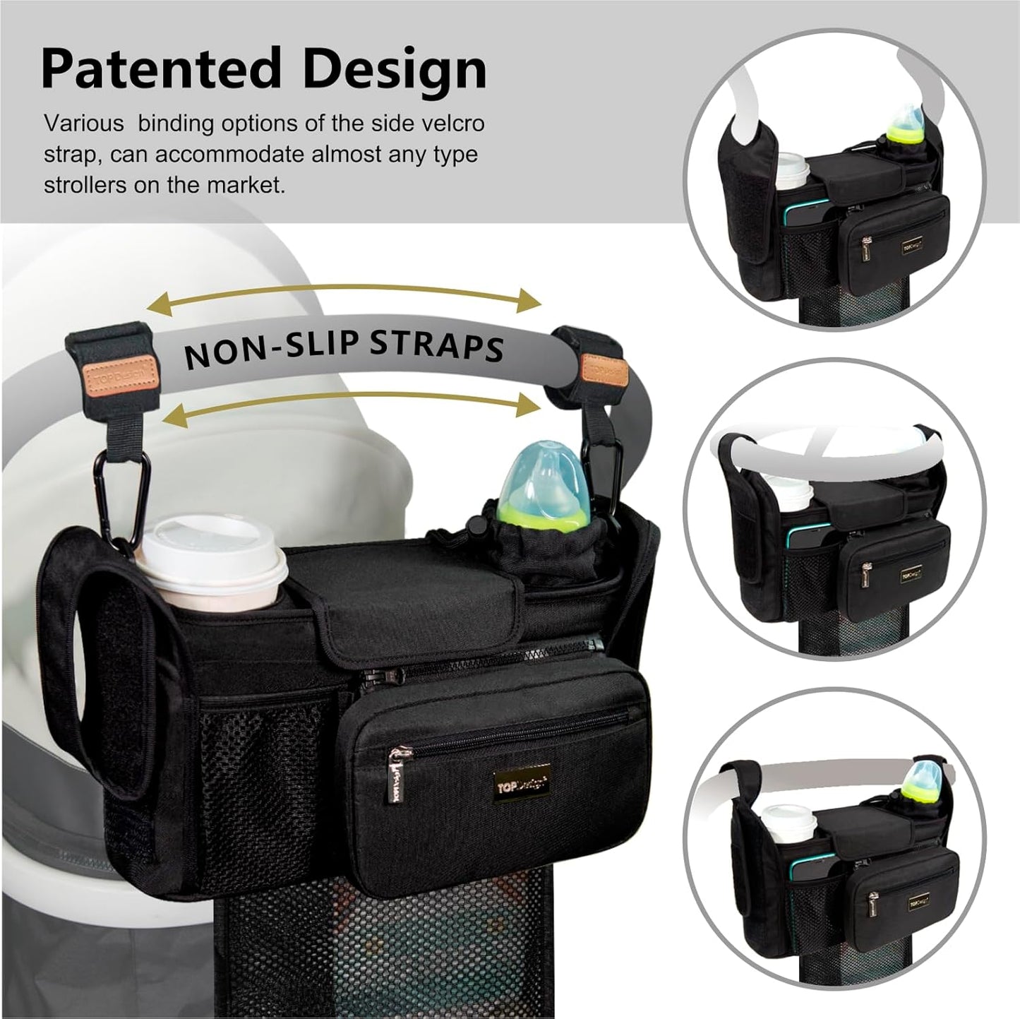 TOPDesign Universal Baby Stroller Organizer, Stroller Caddy with Detachable Mesh Bag & Heightened Insulated Cup Holders & Non-Slip Secure Hooks Accessories, Fits Most Strollers (Sharks)