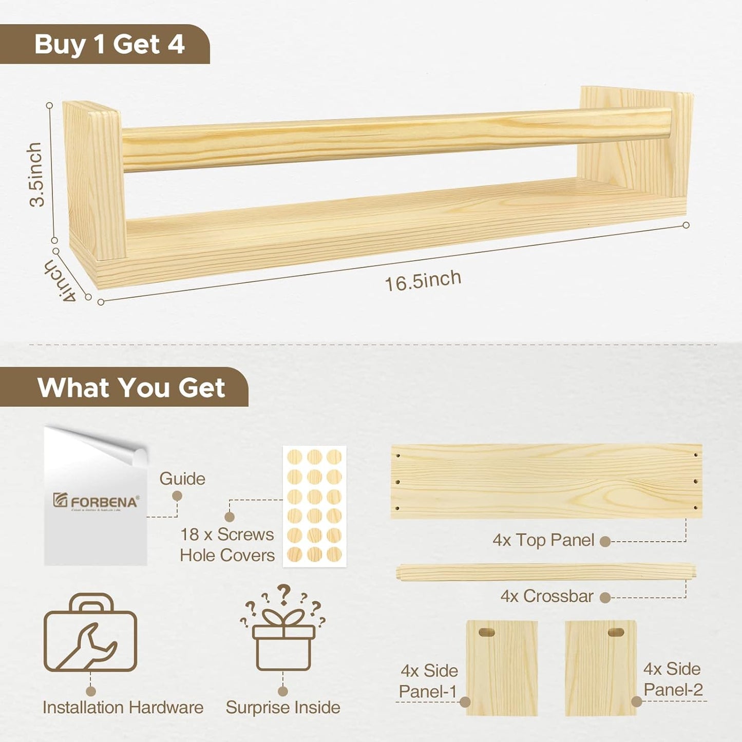 Forbena Natural Wood Nursery Book Shelves Wall Mounted, Floating Bookshelf for Kids Room, Toys and Books Storage Organizer Bookshelves for Toddler Child Bedroom Bathroom (4 Pack Natural Wood)