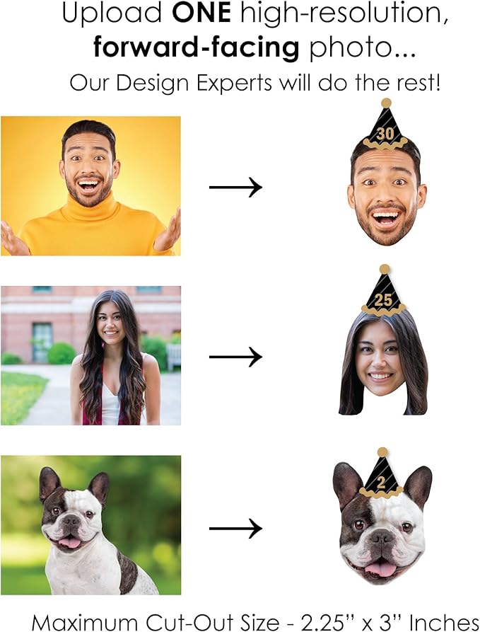 Big Dot of Happiness Custom Photo Adult Happy Birthday - Black & Gold Personalized Birthday Party DIY Paper Shaped Fun Face Cut-Outs - 24 Count