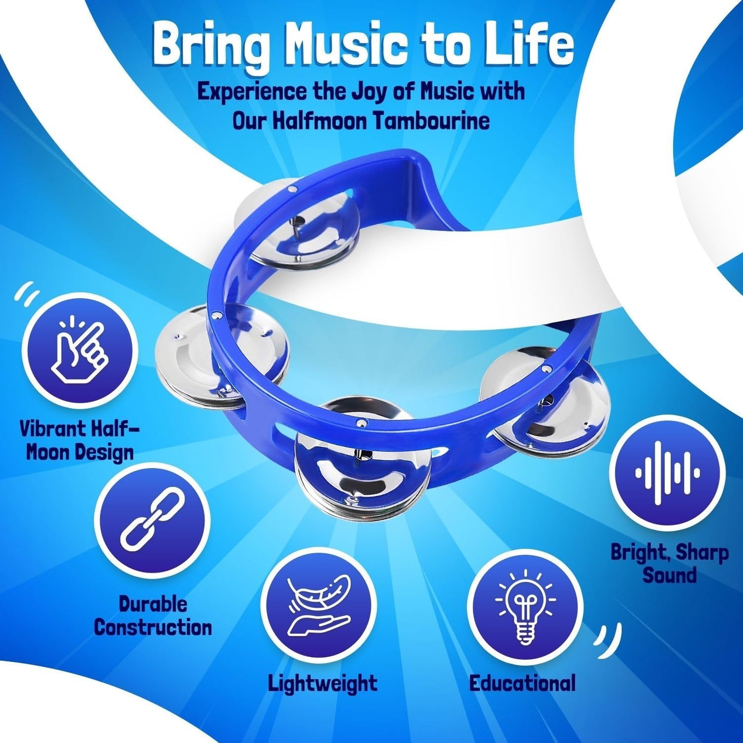 Flexzion Tambourine Hand Bell Percussion Musical Instruments (Blue, 2 Pack), Plastic Music Instrument Half Moon Mini D Handheld Shaker, Jingle Bells