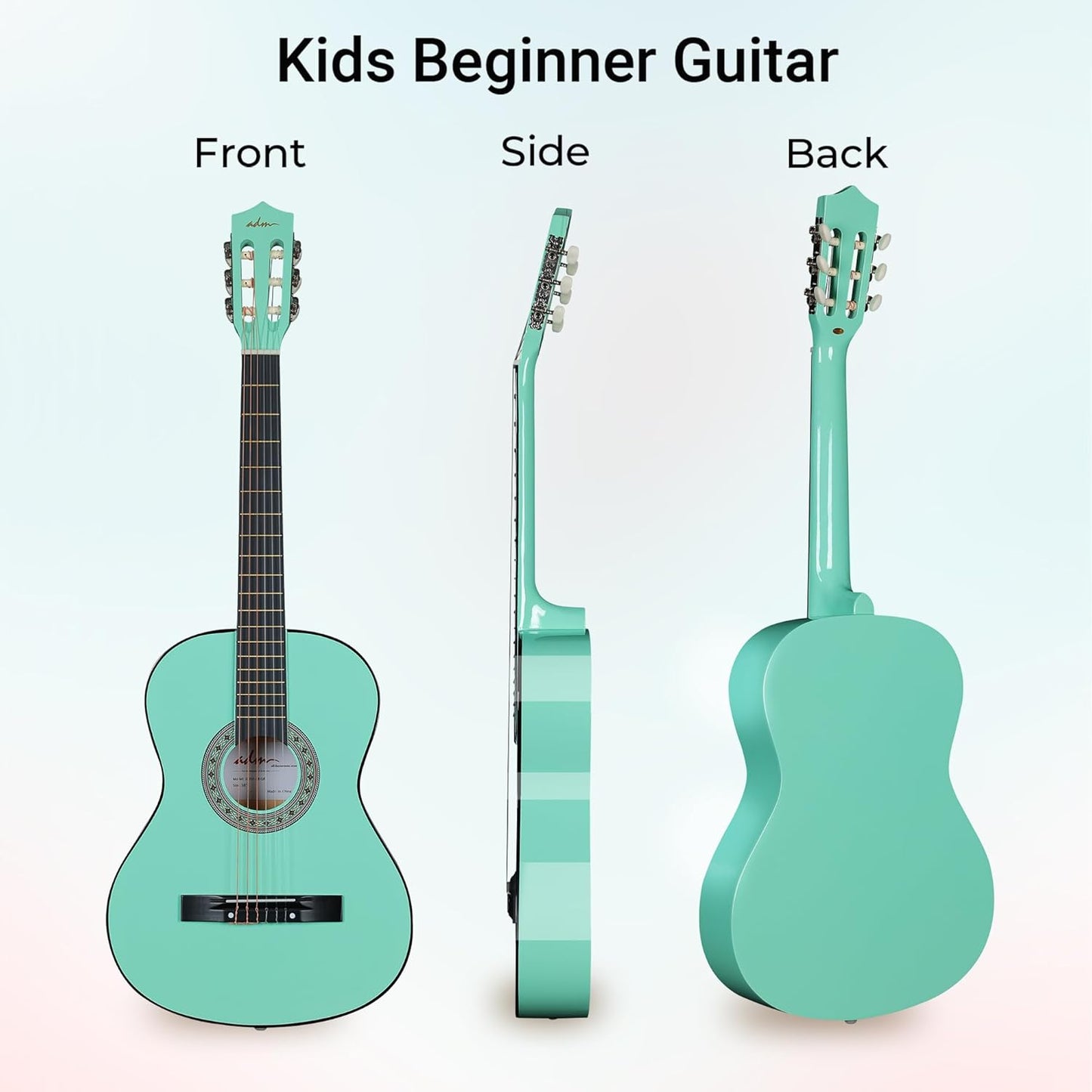 ADM Beginner Acoustic Classical Guitar 38 Inch Nylon Strings Wooden Guitar Bundle Kit for Kid Boy Girl Student Youth Guitarra Online Lessons with Gig Bag, Strap, Tuner, Strings, Cyan Green