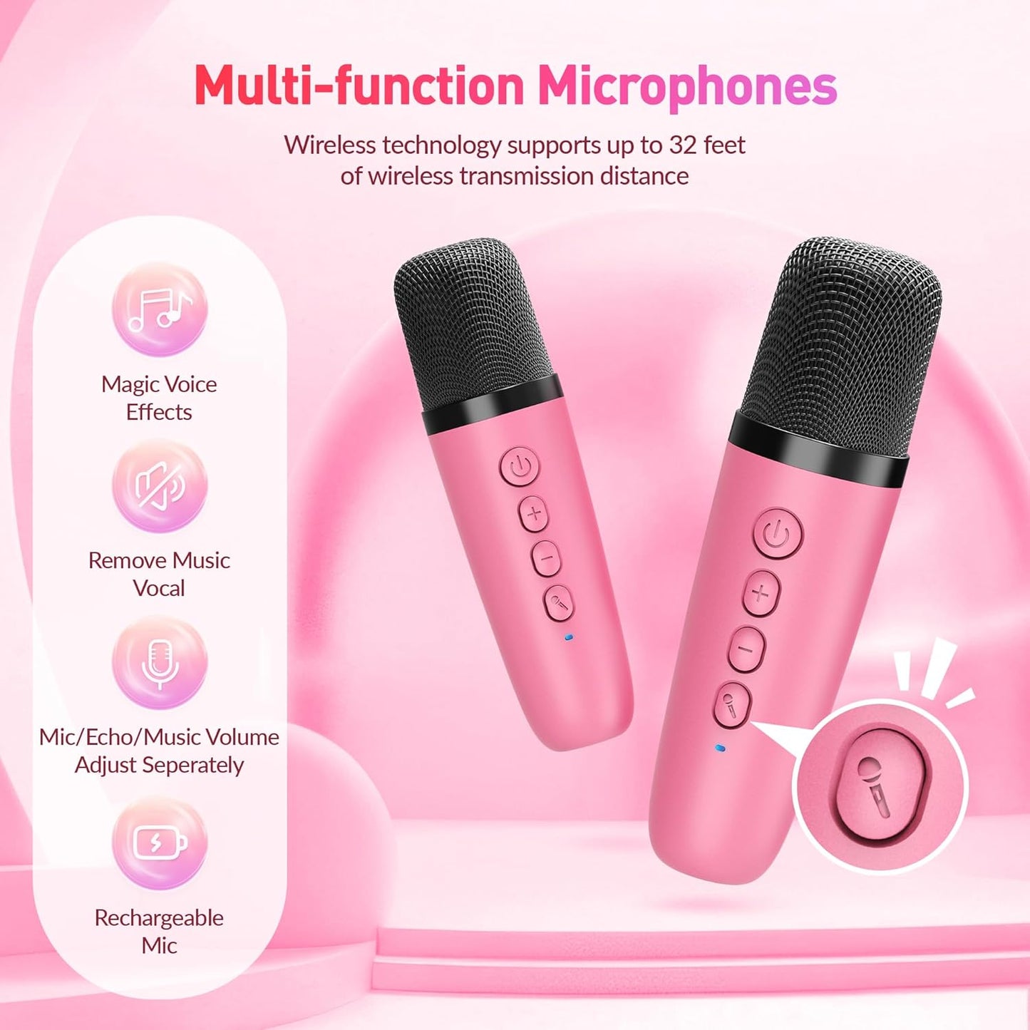 Mini Karaoke Machine with 2 Wireless Microphones for Kids Adults,Portable Bluetooth Karaoke Speaker with Party Lights,Christmas Birthday Gifts for Girls Ages 4, 5, 6,7, 8, 9, 10,12+ Family Home Party