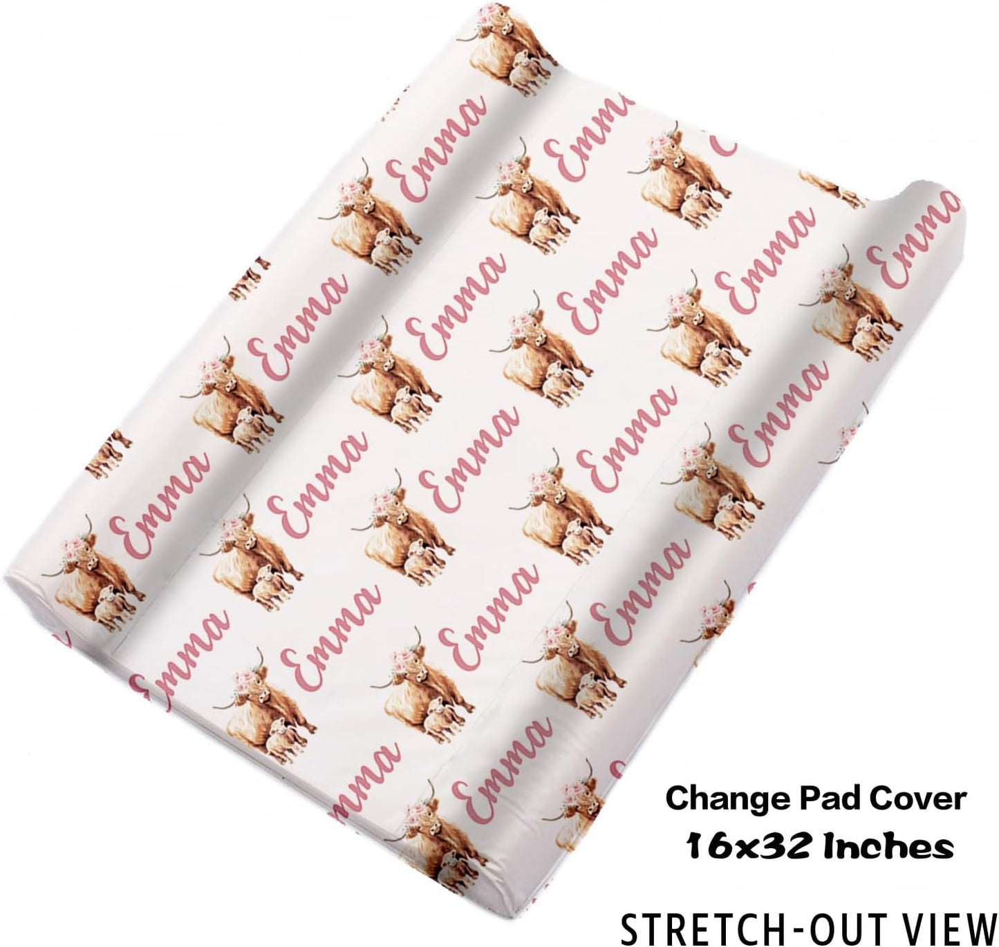 Personalized Baby Crib Bedding Set for Baby Girls, Pink Highland Cow Pattern Custom Name Baby Crib Sets 5-Pcs, Toddler Double Layer Blanket Fitted Sheets Changing Pad Cover Rug Wall Art Set