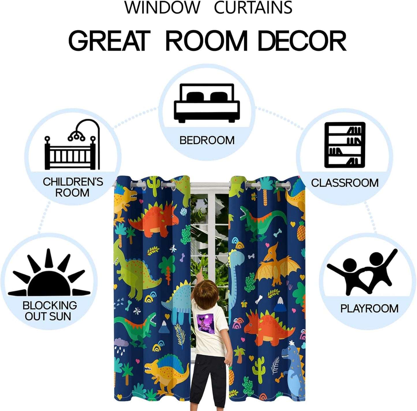Dinosaur Blackout Curtains 2 Panels 63" Inch Drapes Boys Curtains for Bedroom Cute Dinosaur Themed Grommet Top Thermal Insulated Boys Room Curtains for Nursery, Navy Blue, 82" x 63"