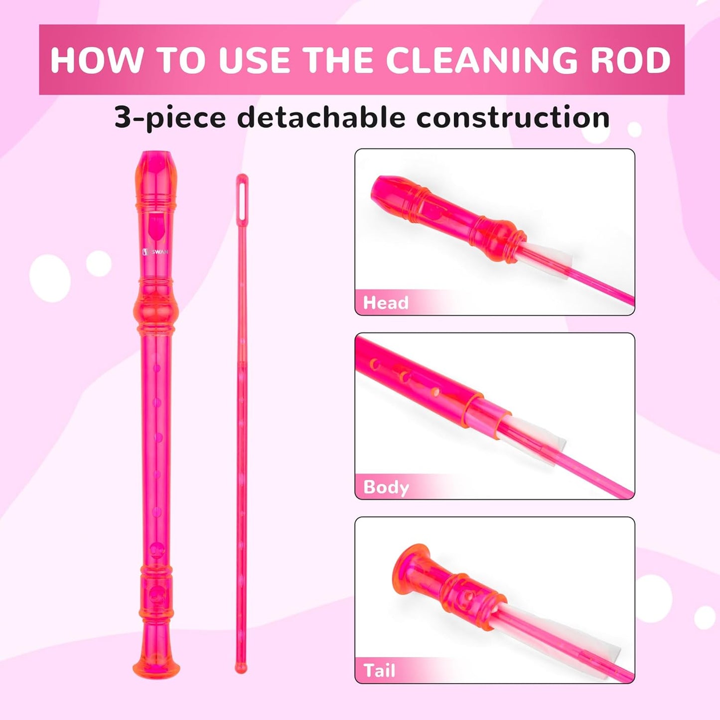 SWAN Soprano Recorder Instrument for Beginners Kids Student in School - Baroque Style 8 Hole Flute Detachable 3pcs ABS Descant Recorders with Cleaning Rod and Fingering Chart, Transparent Bobby Pink