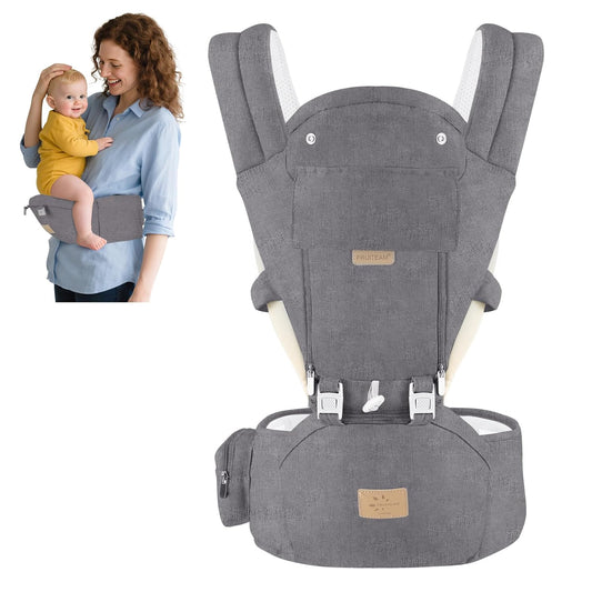 FRUITEAM Baby Carrier with Hip Seat for Breastfeeding, One Size Fits All - 6-in-1 Adjustable Toddler Carrier with Lumbar Support, All Seasons, Adapt to Newborn, Infant & Toddler (Greyish)