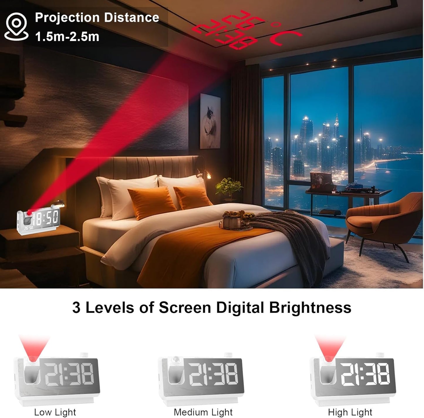 GuDoQi Projection Alarm Clock for Bedroom, Digital Clock with 180° Projector, 7" Large LED Display, Dual Alarms, Temperature&Humidity Display, Dual USB Port, 12/24H, Snooze, for Heavy Sleepers, White