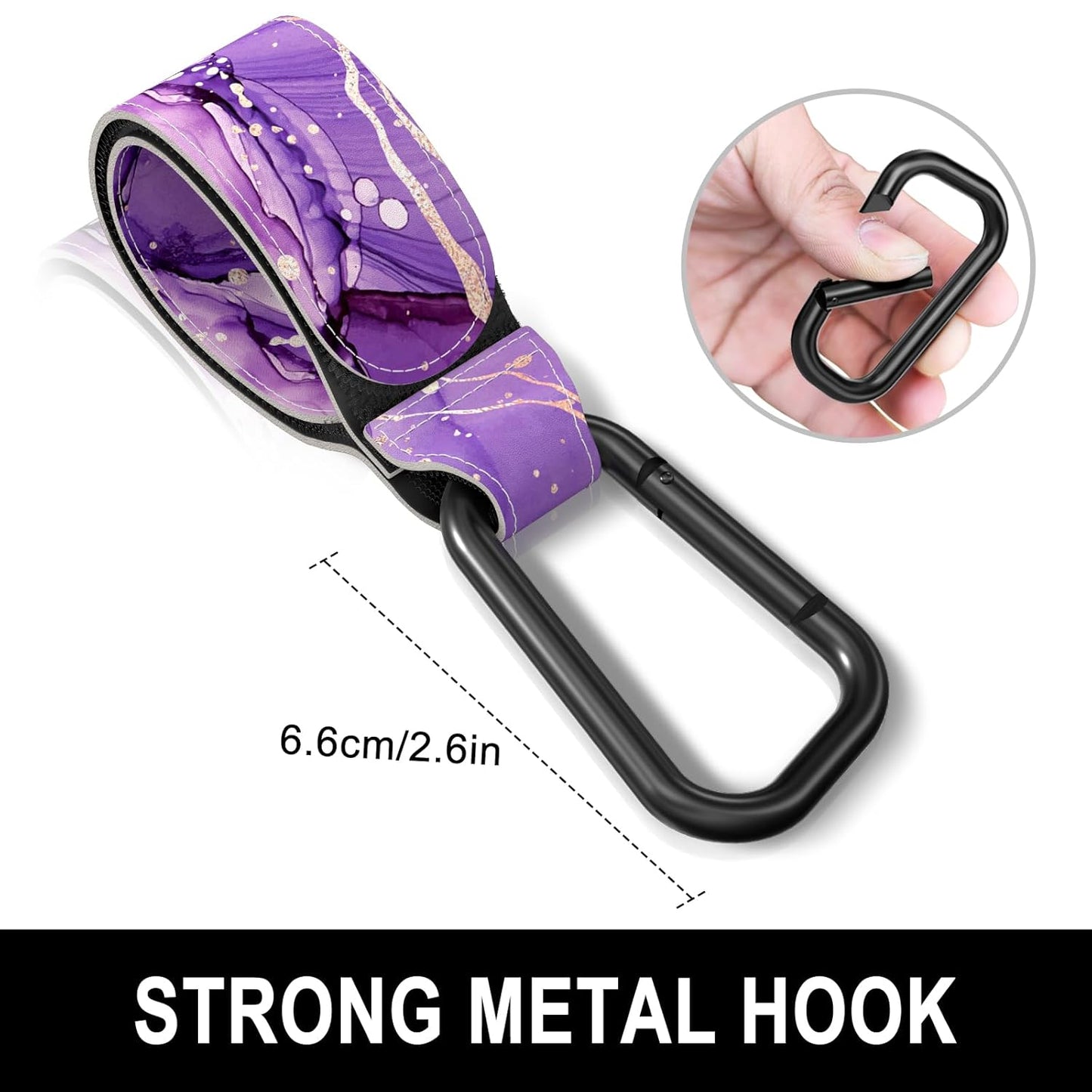 Baby Stroller Hooks for Hanging Bags, Universal Stroller Clips Accessories, Mommy Hook for Diaper Bag, Shopping Cart, Purse, Backpack - 2 Pack, Purple Marble