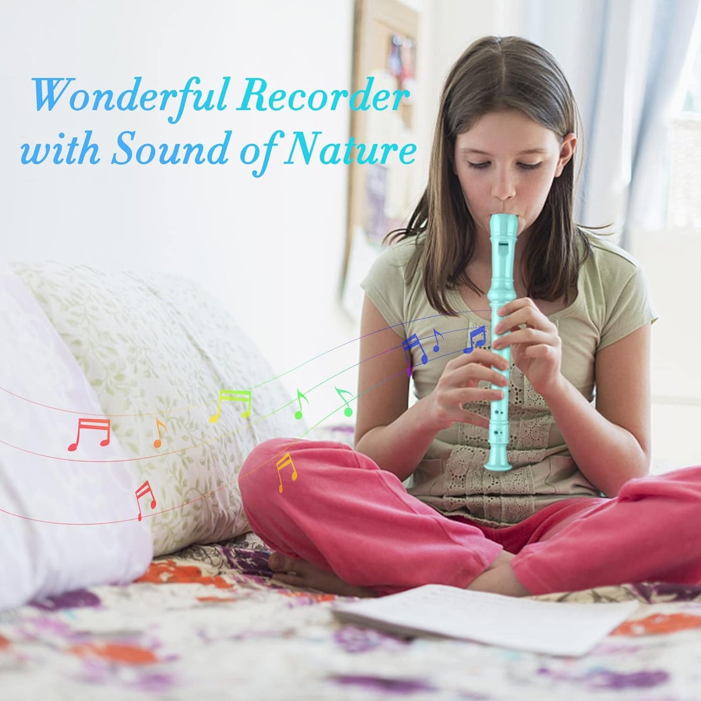 Soprano Recorder Instrument for Kids Beginners Student German Fingering C Key Recorder Instrument 3 Piece with Cleaning Rod and Bag Fingering Chart(Lake Green)