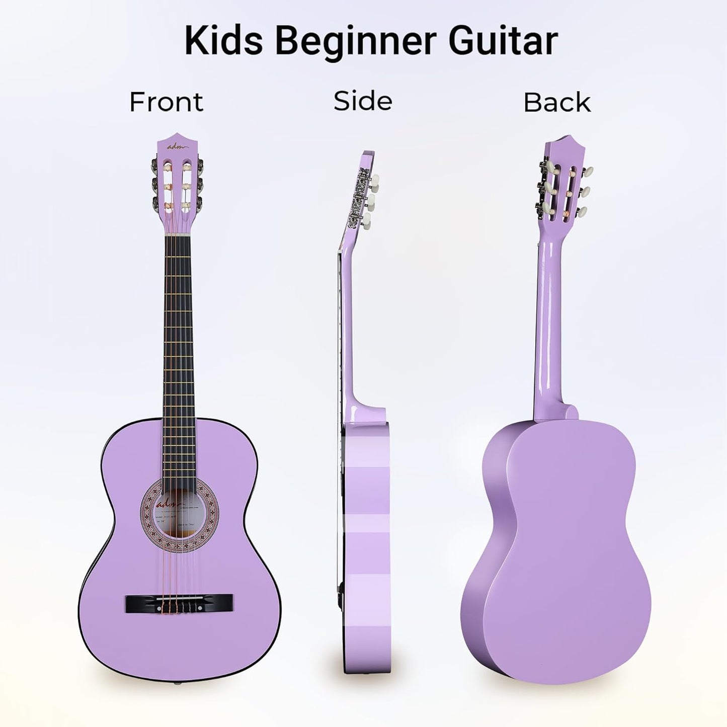 ADM Beginner Acoustic Classical Guitar 38 Inch Nylon Strings Wooden Guitar Bundle Kit for Kid Boy Girl Student Youth Guitarra Online Lessons with Gig Bag, Strap, Tuner, Strings, Purple