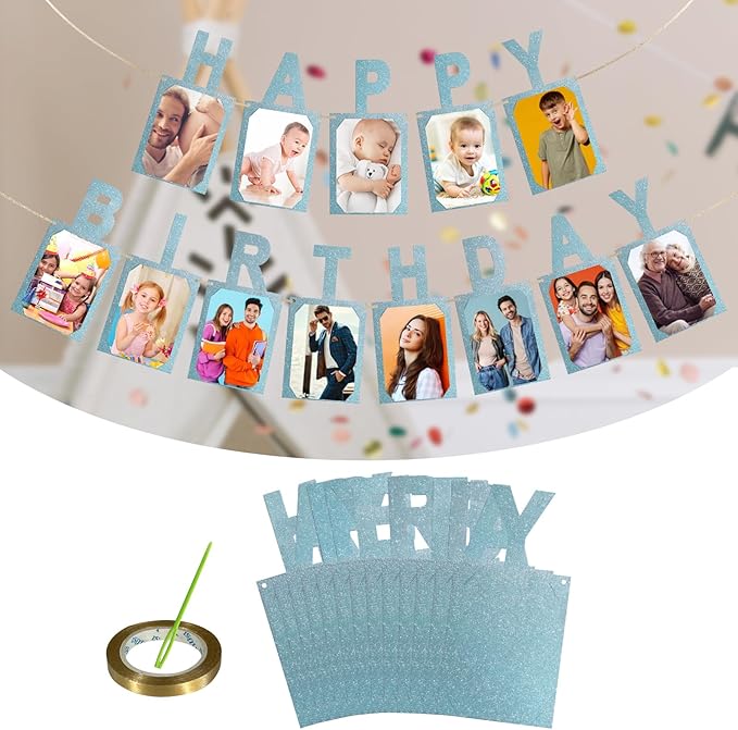 Birthday Photo Banner, Suitable for Kids and Adults Birthday Party Decoration, Annual Milestone Blue Happy Birthday Banner (blue)