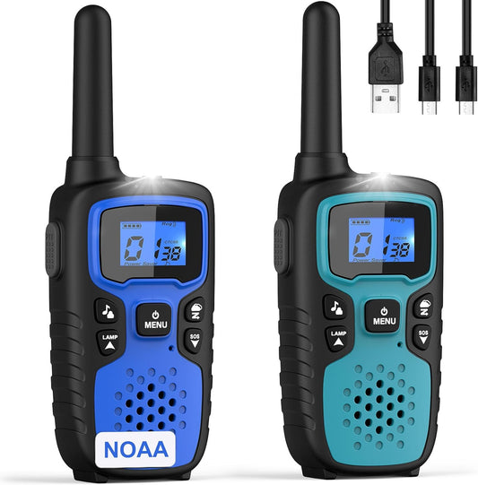 Wishouse Walkie Talkies for Kids Adults - Long Range Rechargeable 2 Way Radios,Gift,Hiking Accessories Camping Gear with Lamp,SOS Siren,NOAA Weather Alert,VOX,Easy to Use Blue Green 2 Pack