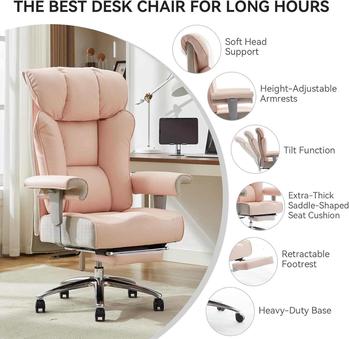 Efomao Big and Tall Ergonomic Office Chair 450LBS with Foot Rest, High Back PU Leather Executive Chair with Adjustable Padded Armrests, Lumbar Support for Home or Work, Heavy Duty Computer Chair, Pink