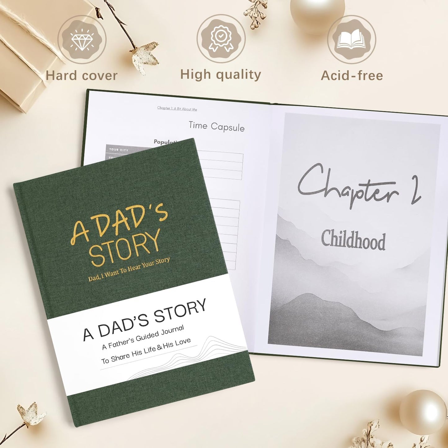 Artmag Dad's Life Story Journal Family Keepsake Book Linen Hardcover for Dad to Share His Memories, with 250+ Prompt Questions Book Gift for Birthday Father's Day Christmas (Dark Green)