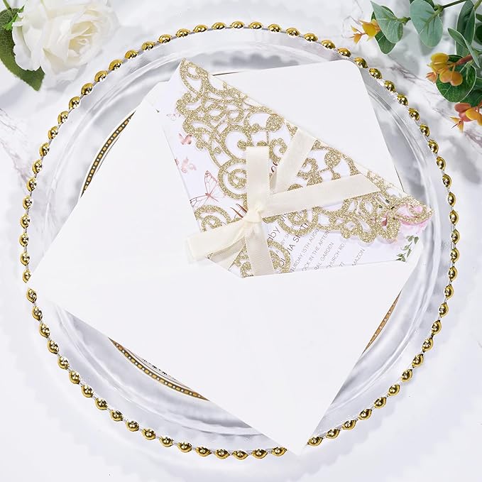 50Pcs Gold Glitter Laser Cut Wedding Invitation with Envelopes RSVP Cards and Ribbons Blank Card Invitaciones Para 15 Años Personalizados Quinceañera Baby Shower Party Invites