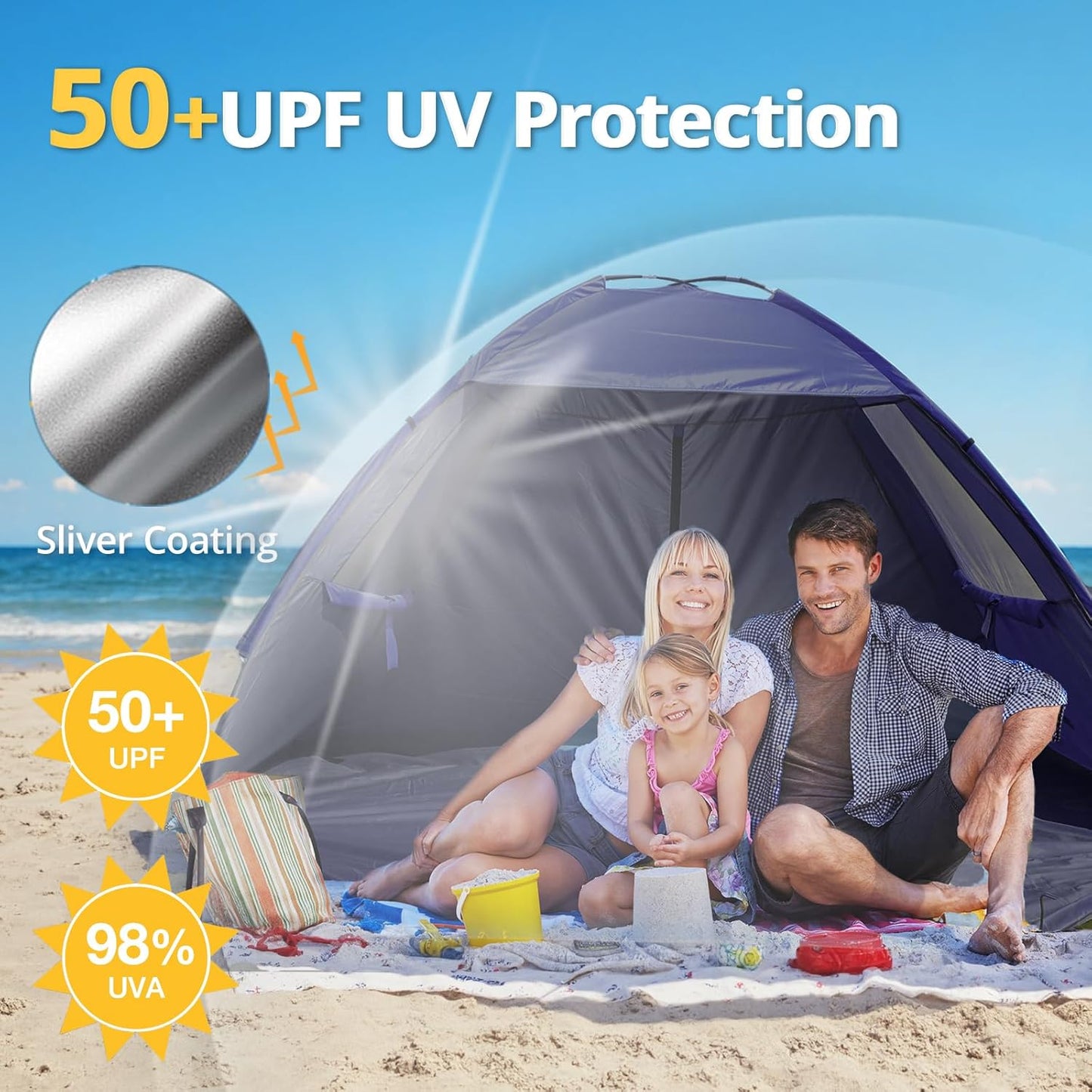 CAMEL CROWN Beach Tent UPF 50+ Sun Shelter for 2/3/5/6 Person, Lightweight Portable Sun Shade with Sand Anchor, Family Beach Day & Outdoor Adventures