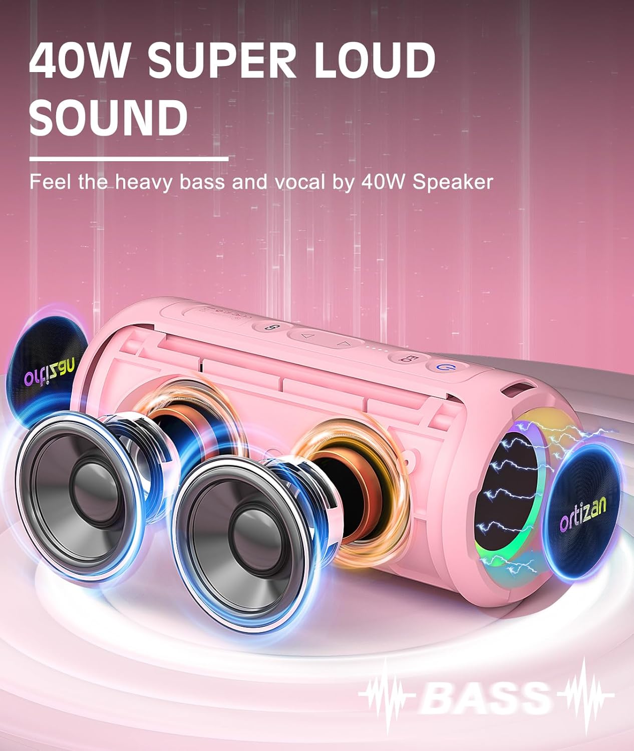 Ortizan Bluetooth Speakers, Portable Wireless Stereo Speaker - IPX7 Waterproof, 30W RMS(40W Peak) Loud Sound, Deep Bass, LED Light, Bluetooth 5.3, for Home/Shower/Outdoor/Beach, Gifts for Adult, Pink
