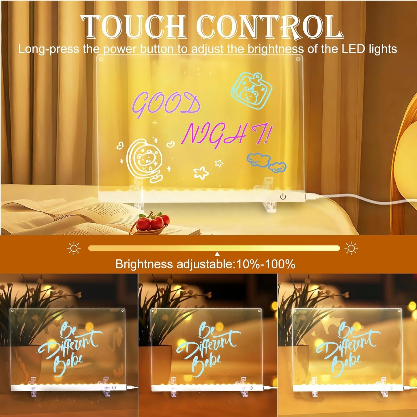 Acrylic Dry Erase Board with LED Light -11.8"x8.5" Clear Glowing Memo,Brightness Level Adjustment,12 Color Markers, Ideal for Office/Home/Kids (Standard Edition)