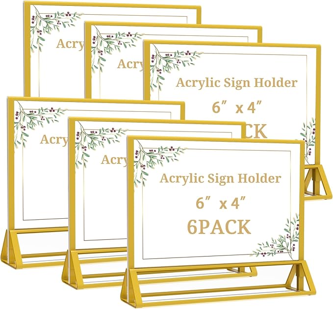 Clear Acrylic Sign Holder 6x 4 Horizontal Double Sided Gold Frame Display Stand Table Flyer Holder for Wedding Table Number Menu Holder (6pcs)