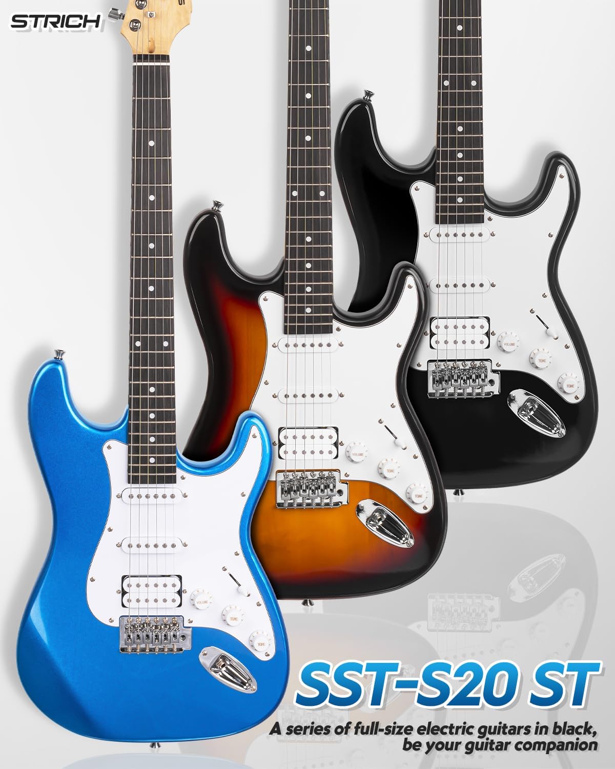 STRICH Electric Guitar Beginner Kit, Solid Body 39" Full Size Electric Guitar HSS Pick Up for Starter, with 10W Amp, Bag, Digital Tuner, Capo, Strap, String,Cable, Picks, SST-S20 Sapphire Blue