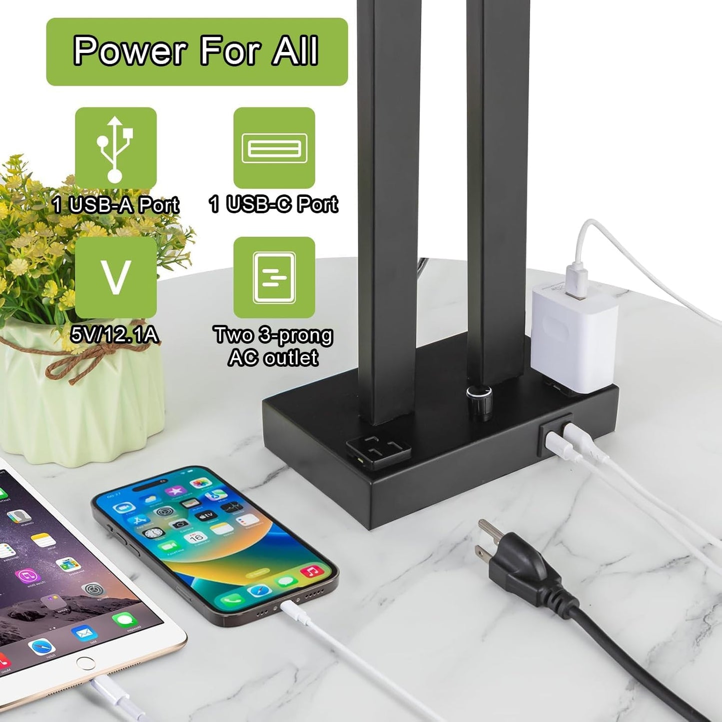 Modern Table Lamps Set of 2-22" Tall Bedside Lamps with USB-C/USB-A Charge Ports & Outlet, Stepless Dimmable Fabric Gray Shade Nightstand Lamps for Bedroom & Living Room