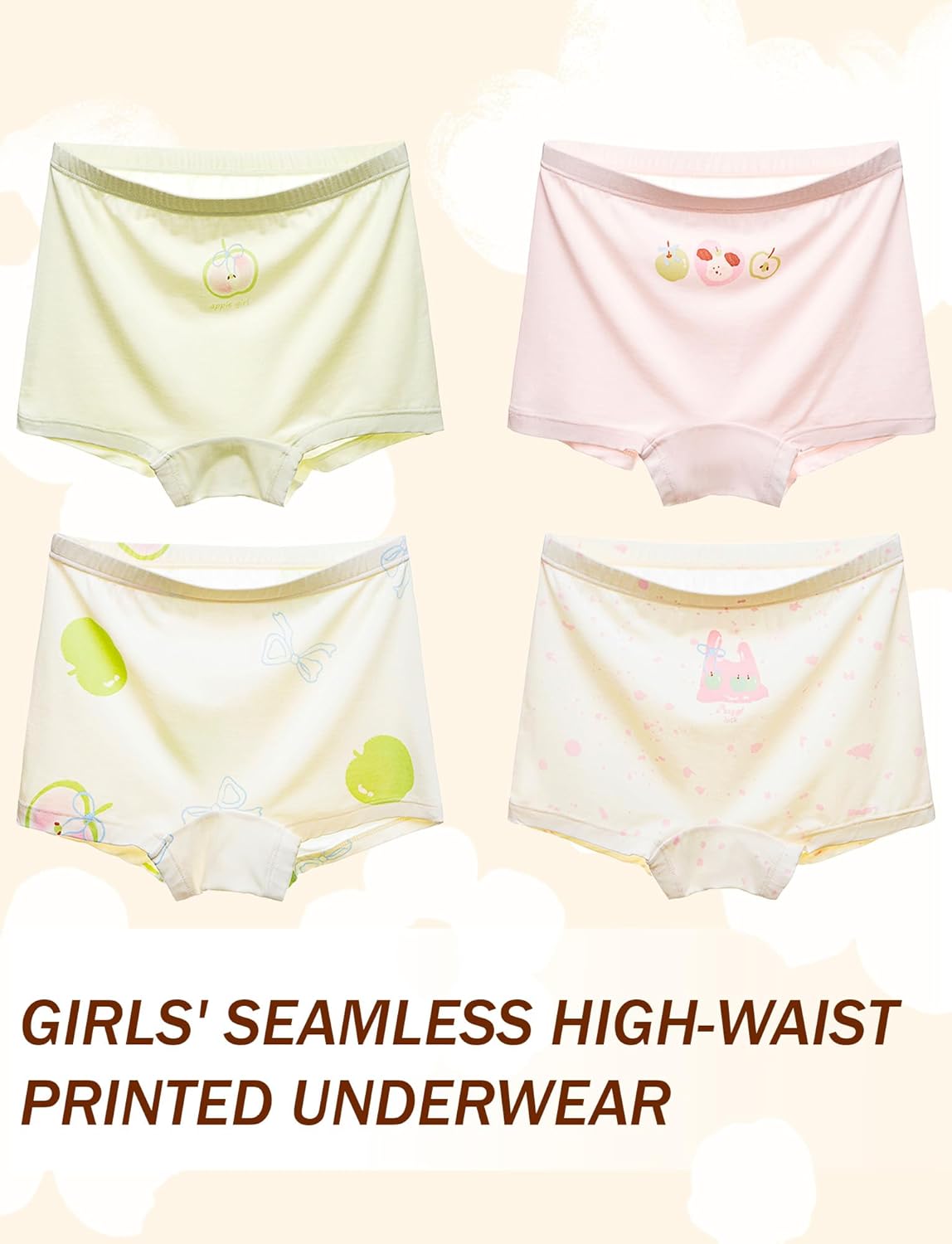 SEAUR Girls' Seamless Underwear 4-Pack Soft Breathable Ice Silk Boyshorts Panties Cute Prints Boxer Briefs for 6-16 Years